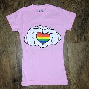 Disney Mickey Heart Hands Love Rainbow Girls Short Sleeve Pink XS